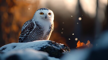 Wall Mural - Snowy owl perched on snow-covered rock in winter forest at sunset.