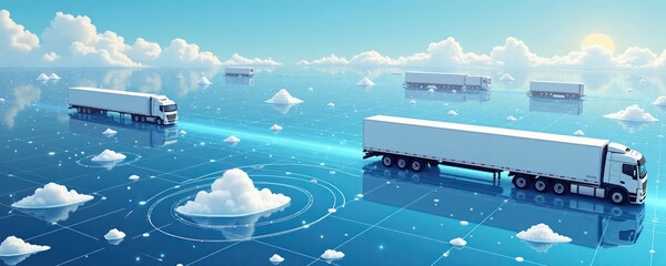Aufkleber - AI driven cold chain system for global distribution. Trucks travel across worldwide networks. Real time tracking. Global logistic tech. Precision healthcare. Logistics enhancing. Global distribution.