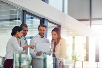 Poster - Discussion, business people and document for review, collaboration and advice as feedback in office. Group, paperwork and talking as teamwork, development and mentorship in brainstorming for company