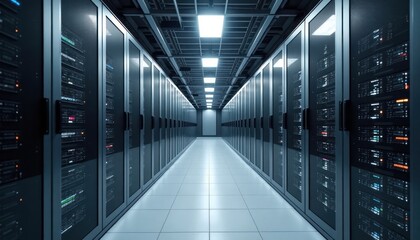 Poster - Modern server room infrastructure with neatly organized racks, glowing components. Soft white lighting creates tech-savvy environment. Rows of server racks meticulously arranged. Equipment lights
