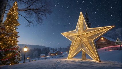 Poster - A large star is lit up in the snow, surrounded by a Christmas tree and a house