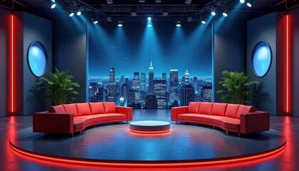Aufkleber - Virtual talk show studio at night. Modern design with red sofas. City skyline view. Suitable for live events online broadcasting. VR tech stage setting. Night scene creates dynamic atmosphere. Red