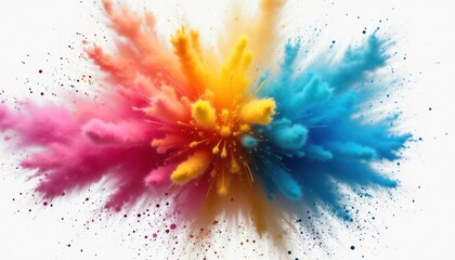 Poster - Vibrant explosion of colors. Colorful powder bursts outwards on white background. Dynamic, vivid hues create spectacle of color. Kaleidoscope of bright colors. Isolated blast of vibrant pigments on