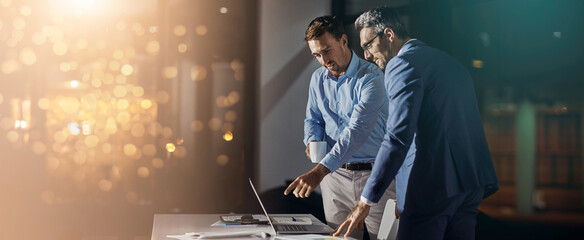 Leinwandbilder - Office, business men and laptop for project, research or proposal discussion at law firm. Banner, mockup and bokeh space for lawyer, b2b connection and corporate attorney or problem solving at night