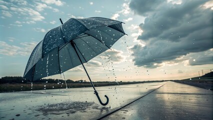 Poster - A blue umbrella is opened in the rain, with water dripping from it