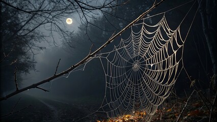 Poster - A spider web is hanging from a tree branch in the woods