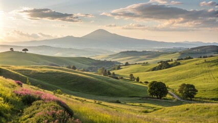 Wall Mural - warm sunlight bathes the rolling green hills of the tuscan countryside, creating a serene and pictur
