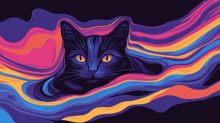 Poster - Digital illustration of a neon-colored cat with vivid flowing patterns against a dark background, creating a mesmerizing abstract effect.