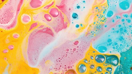Poster - Swirling shades of pink, yellow, and blue blend together, forming intricate bubble patterns in an abstract liquid art display