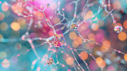 Poster - This artwork portrays a vibrant neural network synapse, showcasing intricate connections and colorful spheres representing data transmission