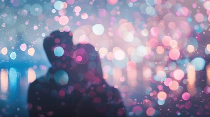 Poster - Silhouette of a couple sharing a romantic moment, surrounded by dreamy colorful bokeh lights creating a magical atmosphere.