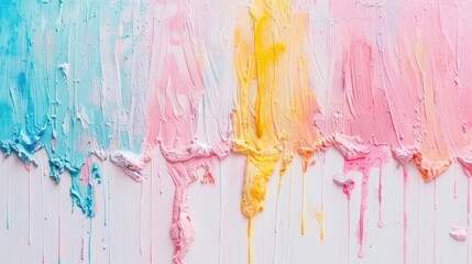 Poster - Vivid colors of blue, pink, and yellow drip down a bright white surface, showcasing an artistic display of dripping paint