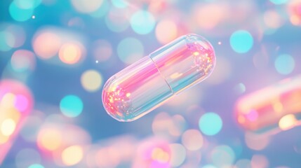 Poster - Colorful capsules hover amidst a myriad of bokeh lights, creating a magical and surreal visual experience in a soft, blurred setting