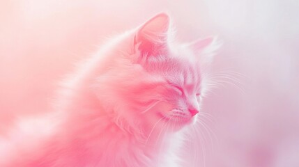 Wall Mural - close-up of a fluffy cat basking in a dreamy, soft pink light, evoking calmness and tenderness.