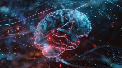 Poster - Glowing digital brain is processing big data, visualized by flowing lines of information, symbolizing the power of artificial intelligence and machine learning in a futuristic context