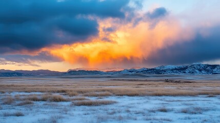 Wall Mural - warm golden light shines through clouds at sunset, illuminating the snowy landscape and distant moun