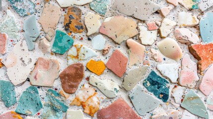 Poster - Colorful terrazzo stone texture features various shapes and pastel hues. This background adds a modern touch to any design or decor project