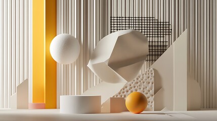 Poster - Abstract 3D rendering with Textured shapes Geometric composition in cream yellow white for an aesthetically soothing visual concept.