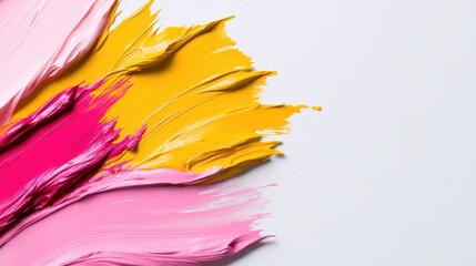 Poster - Bright pink and yellow paint strokes blend seamlessly on a white background, showcasing a lively and artistic expression