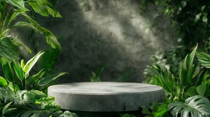 Poster - Gray stone round podium surrounded by lush green tropical plants in a jungle setting.