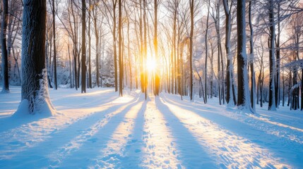 Wall Mural - winter sunlight filters through a snow-covered forest, casting long shadows on the pristine white gr