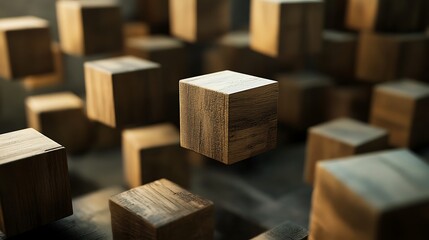 Poster - Abstract Composition Wooden Cubes arranged in a configuration with a sharp focus on detailed texture.