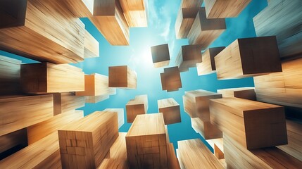 Poster - Aerial View 3D rendering of abstract structure of interlocking wooden blocks against a bright blue sky background for a Concept evoking a sense of growth ambition.