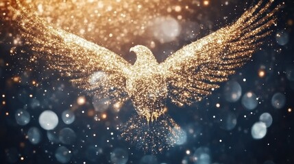 Poster - A glowing, sparkling golden eagle with wings spread wide, set against a dark background with shimmering lights and particles.