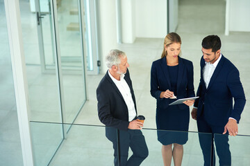 Aufkleber - Review, above and teamwork with business people and tablet in office for planning, investment banker or advice. Online, budget proposal and network with employees in financial firm for company equity