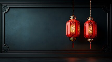 Wall Mural - Chinese new year background with red lanterns festive decor cozy setting elegant viewpoint