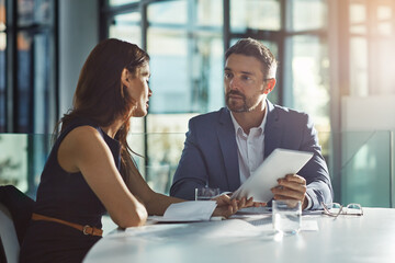 Poster - Manager, review or business people with tablet for planning, investment research or budget advice. Teamwork, mentor and financial advisor in discussion for accounting feedback, meeting and report