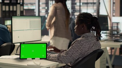 Poster - confident woman at desk managing business tasks next to copy space, reviewing financial reports for 