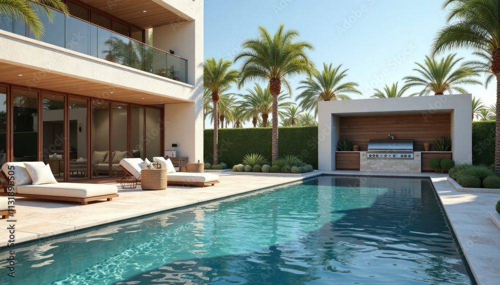 Tranquil luxury resort features travertine poolside pavers, sparkling ...