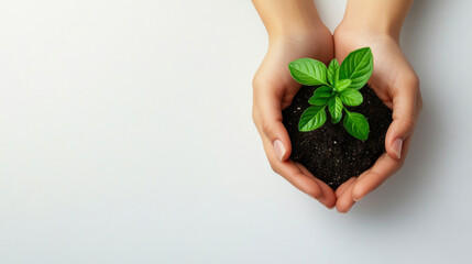 Wall Mural - two hands holding and caring a young green plant