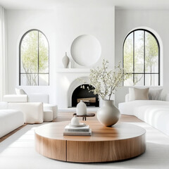 Wall Mural - Rustic coffee table between sofa and chairs against fireplace and arched windows