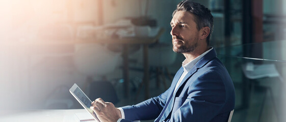 Fototapete - Businessman, banner or accountant with tablet for finance news or budget planning in office. Mockup space, online or financial advisor on touchscreen for thinking of sales report or accounting app