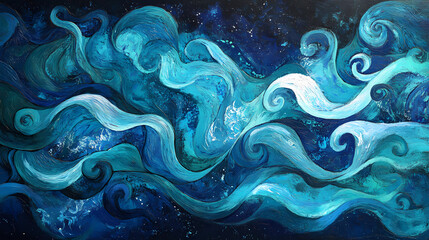 Wall Mural - Mesmerizing aqua swirls fluid blue waves in hypnotic motion evoking ocean depths and celestial nebulae abstract interplay of light and shadow organic patterns in constant flux. Flux. Illustration
