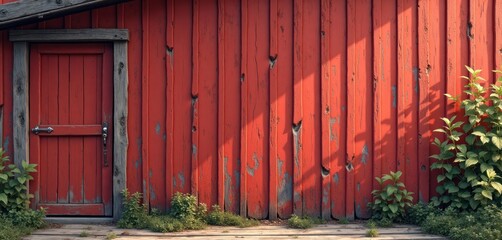 Poster - Weathered red wooden wall with a rustic charm. Old wooden door with details is visible. Plants grow at the base of the wall. Natural light and shadows create a rustic mood.