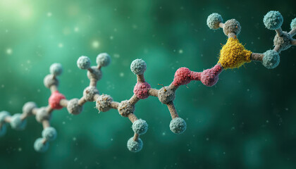 Poster - Scientific illustration shows intricate structure of thromboxane B2 molecule. Colorful molecular components connected in specific way. Green background provides visual contrast. Image suitable for