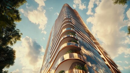 Wall Mural - Low angle view of a modern, curved skyscraper with balconies and trees.