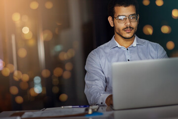 Poster - Businessman, night and accountant on laptop for investing, news research and budget for profit. Economy growth, bokeh and financial advisor on technology for network, typing and accounting report
