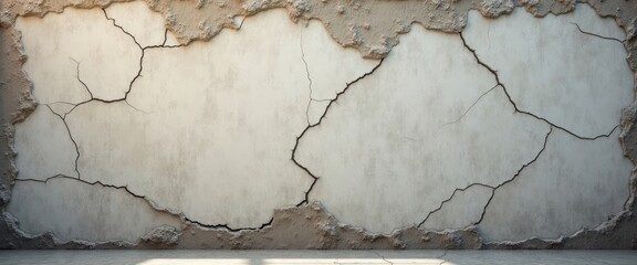 Aufkleber - Urban cracked concrete wall with peeling plaster. Aged urban background. Grunge wall texture. Damaged wall shows decay. Urban decay theme. Broken concrete wall. Old building facade. Vintage city