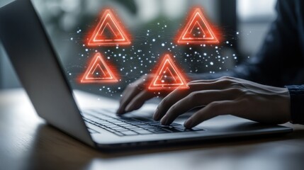 Poster - Person using laptop with digital warning signs.