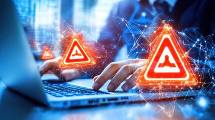 Poster - Person using laptop with warning signs.