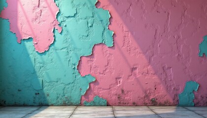 Poster - Peeling paint in vibrant pink, teal colors on textured wall creates abstract design. Sunny light casts shadows on wall. Indoor space with floor. Stylish, trendy artistic image for interior design