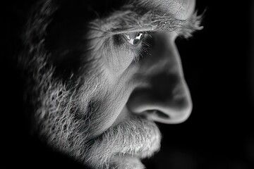 Poster - Close Up Black and White Portrait of a Man Typing on Laptop with Natural Light from Window