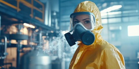 Aufkleber - A professional wearing protective gear operates a noise reduction system in a chemical factory. The focus is on safety and maintaining a calm workplace.