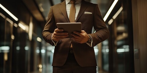 Poster - businessman in brown suite using tablet control the world , inte