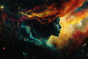 Wall Mural - a profile view of an abstract female head with colorful nebulae creates a surreal atmosphere.