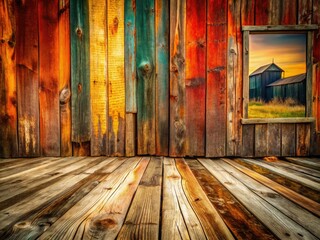 Wall Mural - Weathered wood cabin, rusty shed leans against a timeworn plank fence; a vintage, rustic scene.